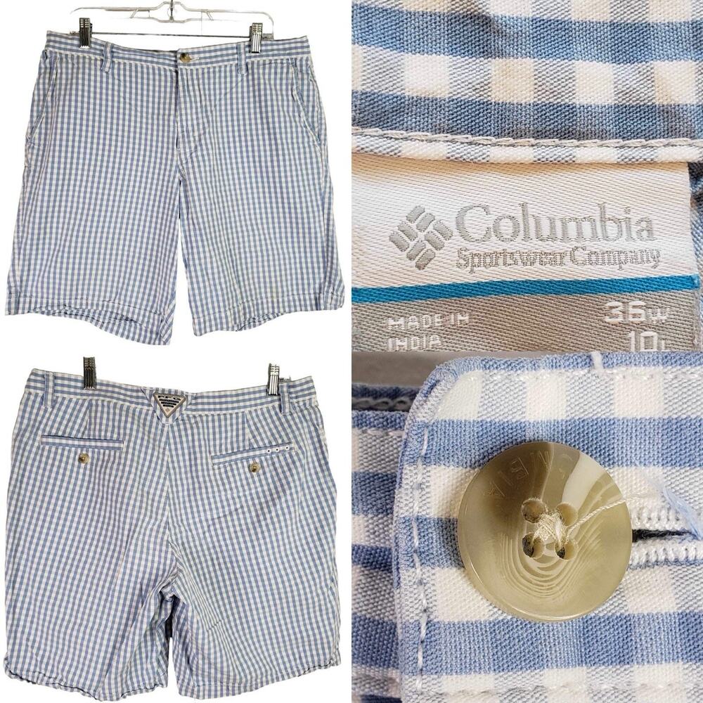 Columbia PFG Shorts Men's 36 Blue White Gingham Check Plaid Cotton
